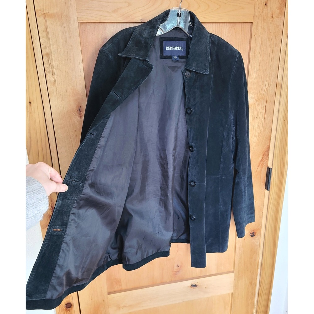 Vintage Y2K Bernardo Black Suede Leather Jacket LARGE Button Front Mid Length L - Picture 2 of 9